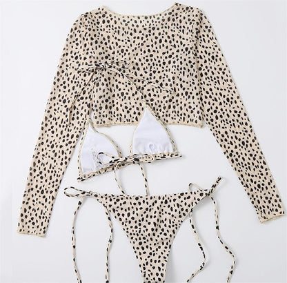 Swimsuit Long Sleeve Mesh Cover Ladies Three Piece Set Swimsuit Leopard Print Sexy Rope Bikini