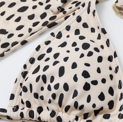 Swimsuit Long Sleeve Mesh Cover Ladies Three Piece Set Swimsuit Leopard Print Sexy Rope Bikini