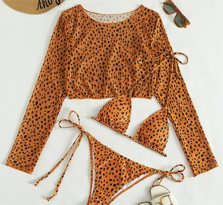Swimsuit Long Sleeve Mesh Cover Ladies Three Piece Set Swimsuit Leopard Print Sexy Rope Bikini