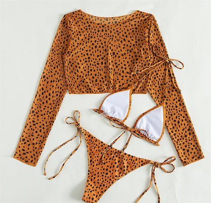 Swimsuit Long Sleeve Mesh Cover Ladies Three Piece Set Swimsuit Leopard Print Sexy Rope Bikini