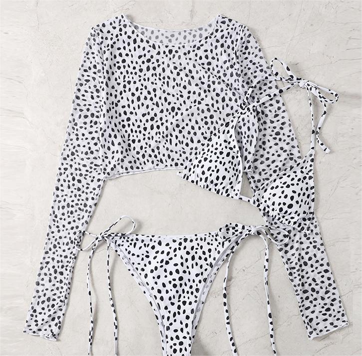 Swimsuit Long Sleeve Mesh Cover Ladies Three Piece Set Swimsuit Leopard Print Sexy Rope Bikini