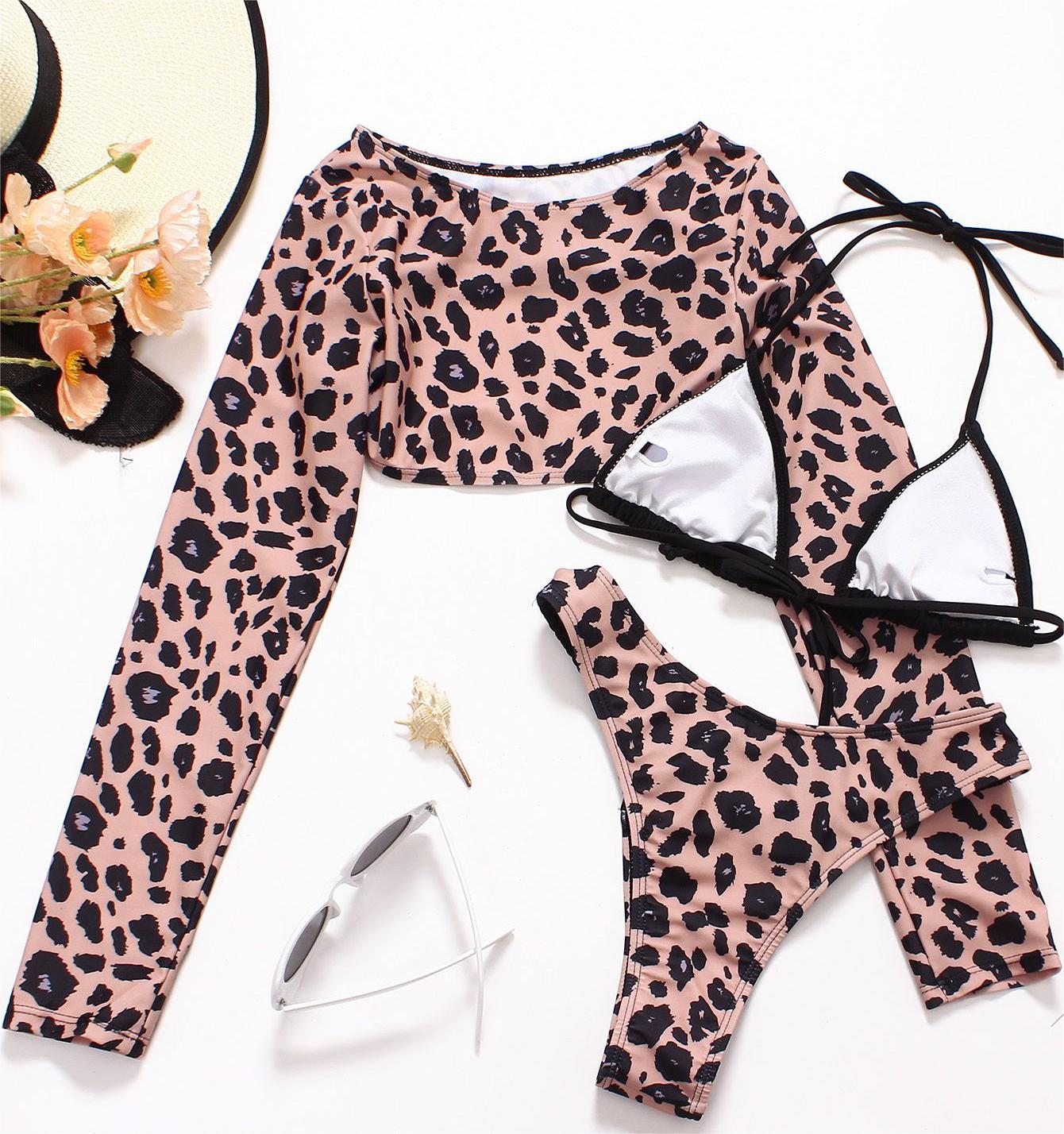 Bikini sexy con trenzas y estampado de leopardo, camisa de manga larga con protección solar, bolso triangular, traje de baño de tres piezas