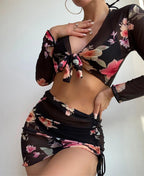 Four Piece Swimsuit Sexy Split Printed Mesh Long Sleeve Swimsuit High Profile Figure Wing Lok
