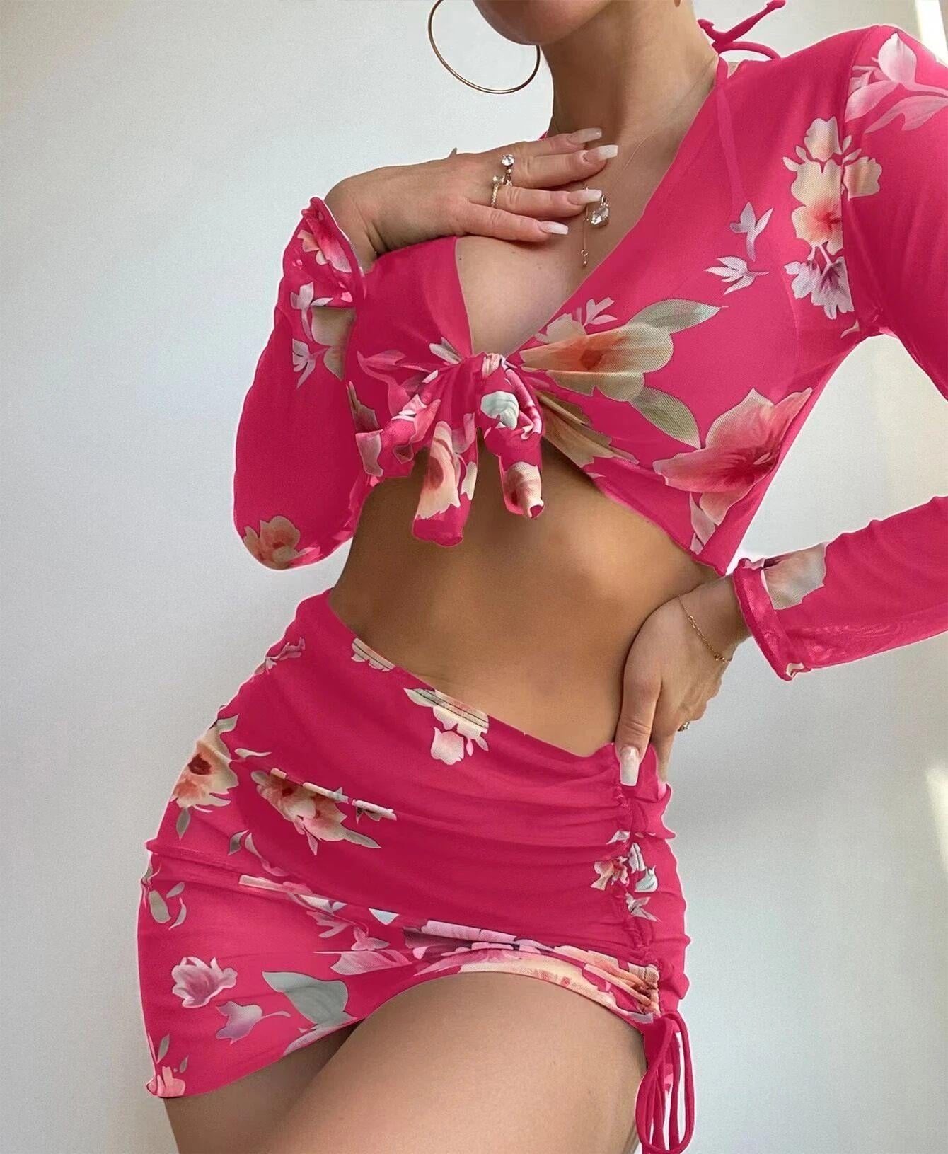 Four Piece Swimsuit Sexy Split Printed Mesh Long Sleeve Swimsuit High Profile Figure Wing Lok