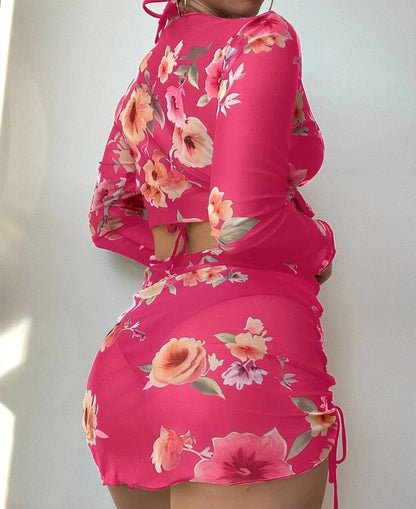 Traje de baño de cuatro piezas sexy de malla estampada dividida de manga larga traje de baño de figura de perfil alto