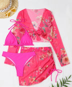 Four Piece Swimsuit Sexy Split Printed Mesh Long Sleeve Swimsuit High Profile Figure Wing Lok