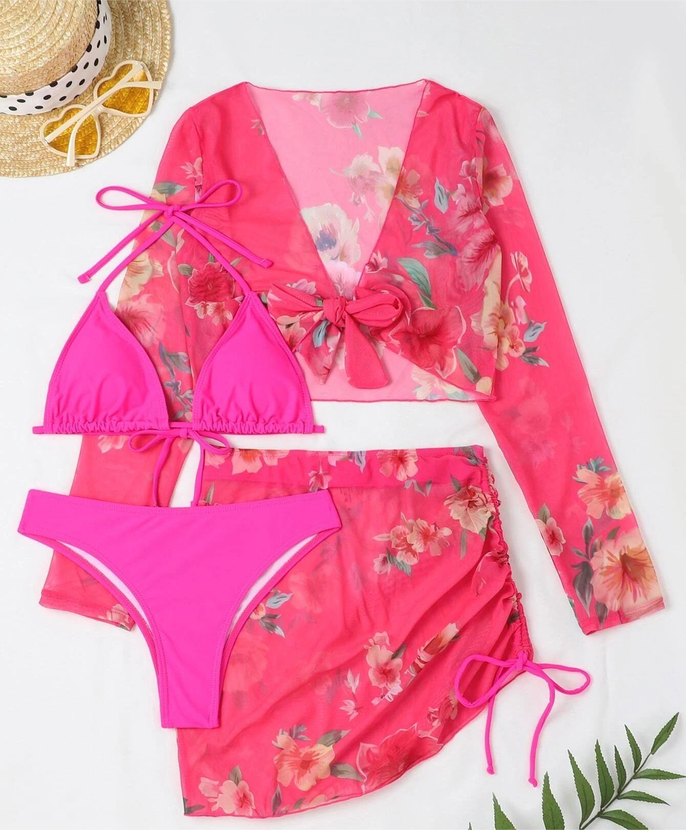 Traje de baño de cuatro piezas sexy de malla estampada dividida de manga larga traje de baño de figura de perfil alto