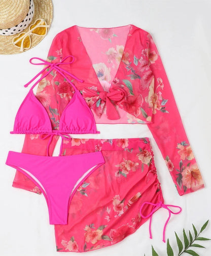 Traje de baño de cuatro piezas sexy de malla estampada dividida de manga larga traje de baño de figura de perfil alto