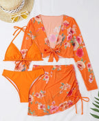 Four Piece Swimsuit Sexy Split Printed Mesh Long Sleeve Swimsuit High Profile Figure Wing Lok
