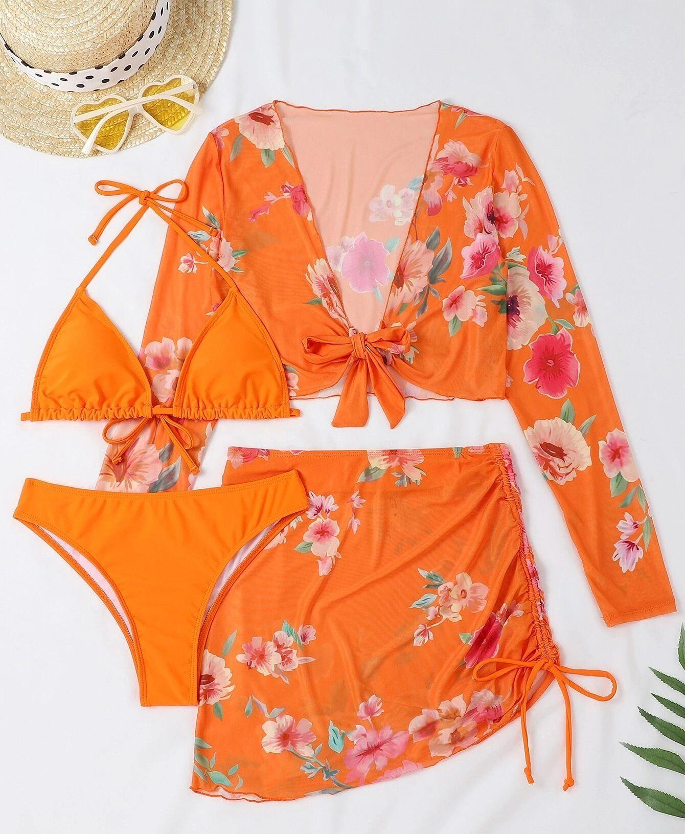 Traje de baño de cuatro piezas sexy de malla estampada dividida de manga larga traje de baño de figura de perfil alto