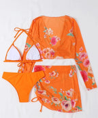 Four Piece Swimsuit Sexy Split Printed Mesh Long Sleeve Swimsuit High Profile Figure Wing Lok