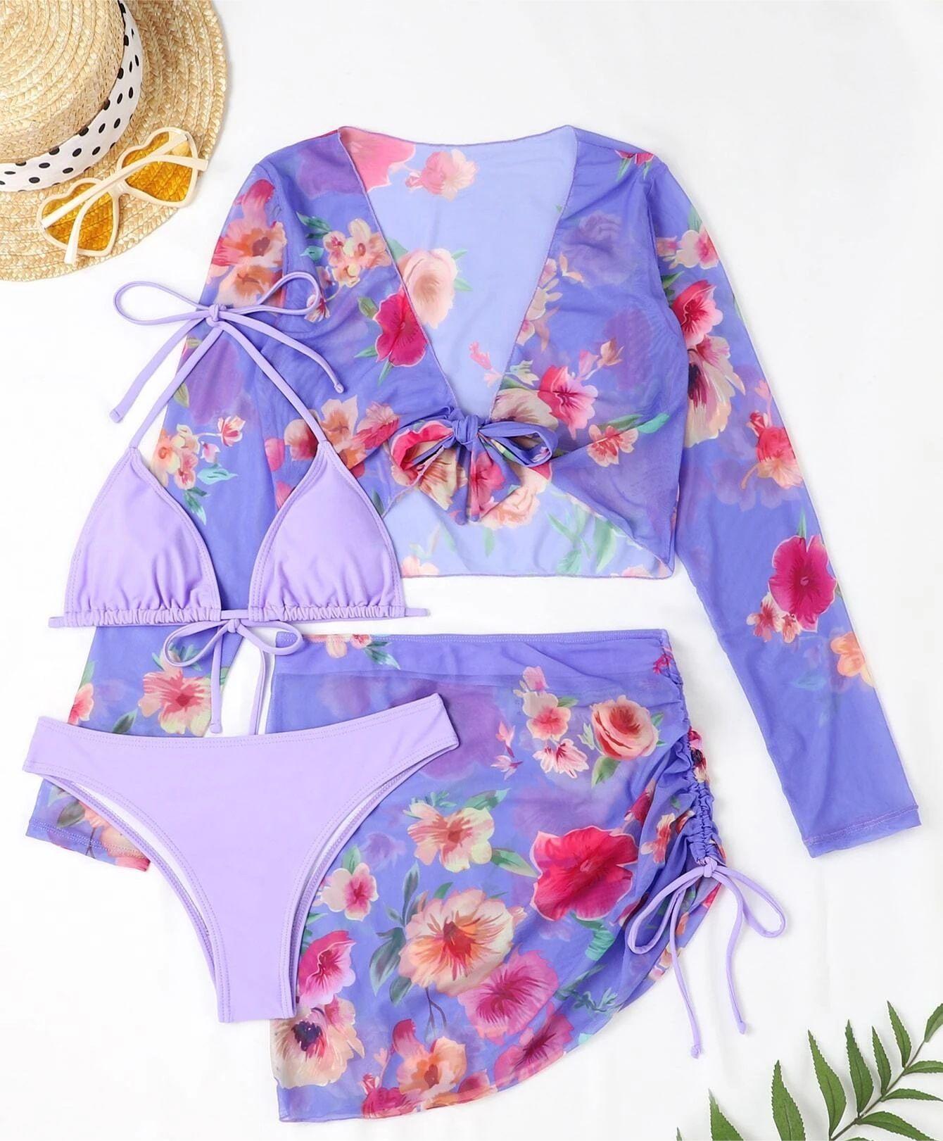 Four Piece Swimsuit Sexy Split Printed Mesh Long Sleeve Swimsuit High Profile Figure Wing Lok
