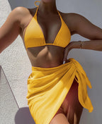 Bikini sexy de color sólido para mujer, traje de baño de tres piezas con abertura en la parte delantera.