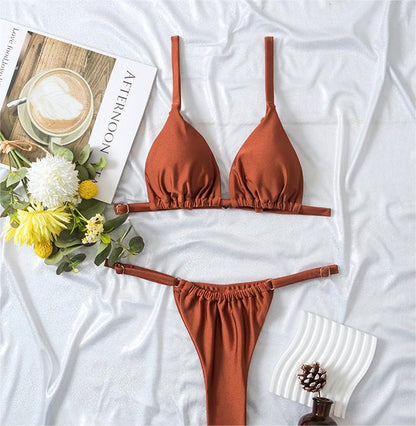Solid Color Triangle Split Bikini Swimsuit Women Sexy Three Point Lace Up