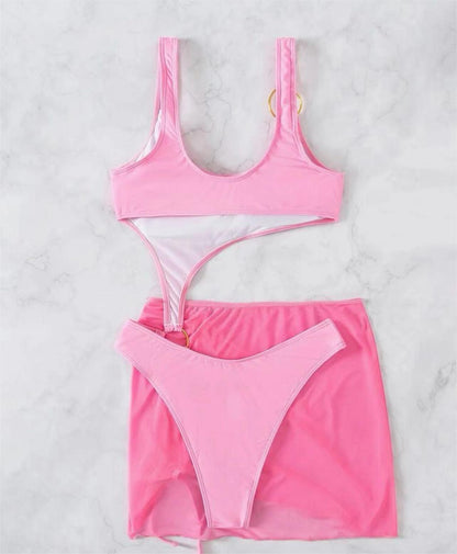 Traje de baño de una pieza de dos piezas de color sólido, bikini sexy de malla recortada con cordón ajustable