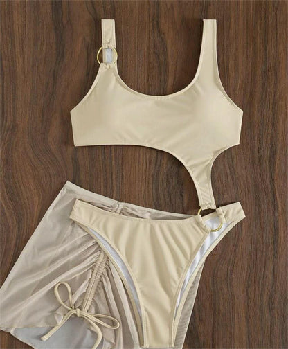 Traje de baño de una pieza de dos piezas de color sólido, bikini sexy de malla recortada con cordón ajustable
