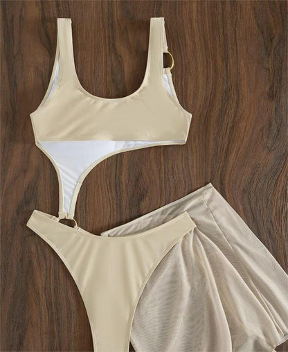 Traje de baño de una pieza de dos piezas de color sólido, bikini sexy de malla recortada con cordón ajustable