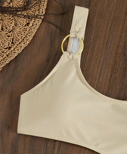 Traje de baño de una pieza de dos piezas de color sólido, bikini sexy de malla recortada con cordón ajustable