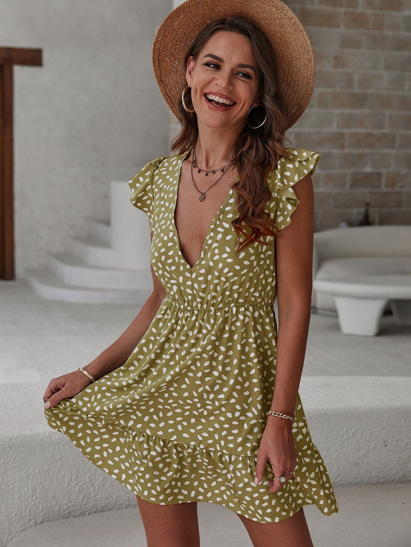 Women Summer Ruffle Sleeve V Neck Elegant Short Dress Colorain