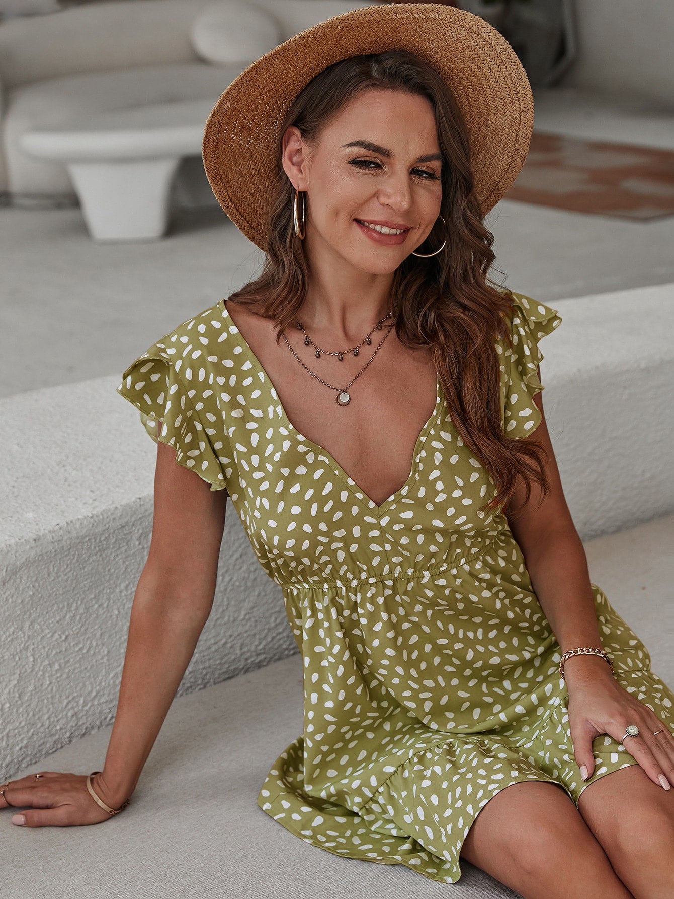Women Summer Ruffle Sleeve V Neck Elegant Short Dress Colorain