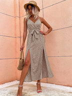 Women Summer Slit Backless Printed Strap Dress Colorain