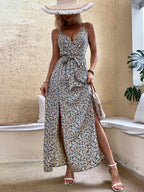 Women Summer V Neck Belt Print Sling Dress Colorain