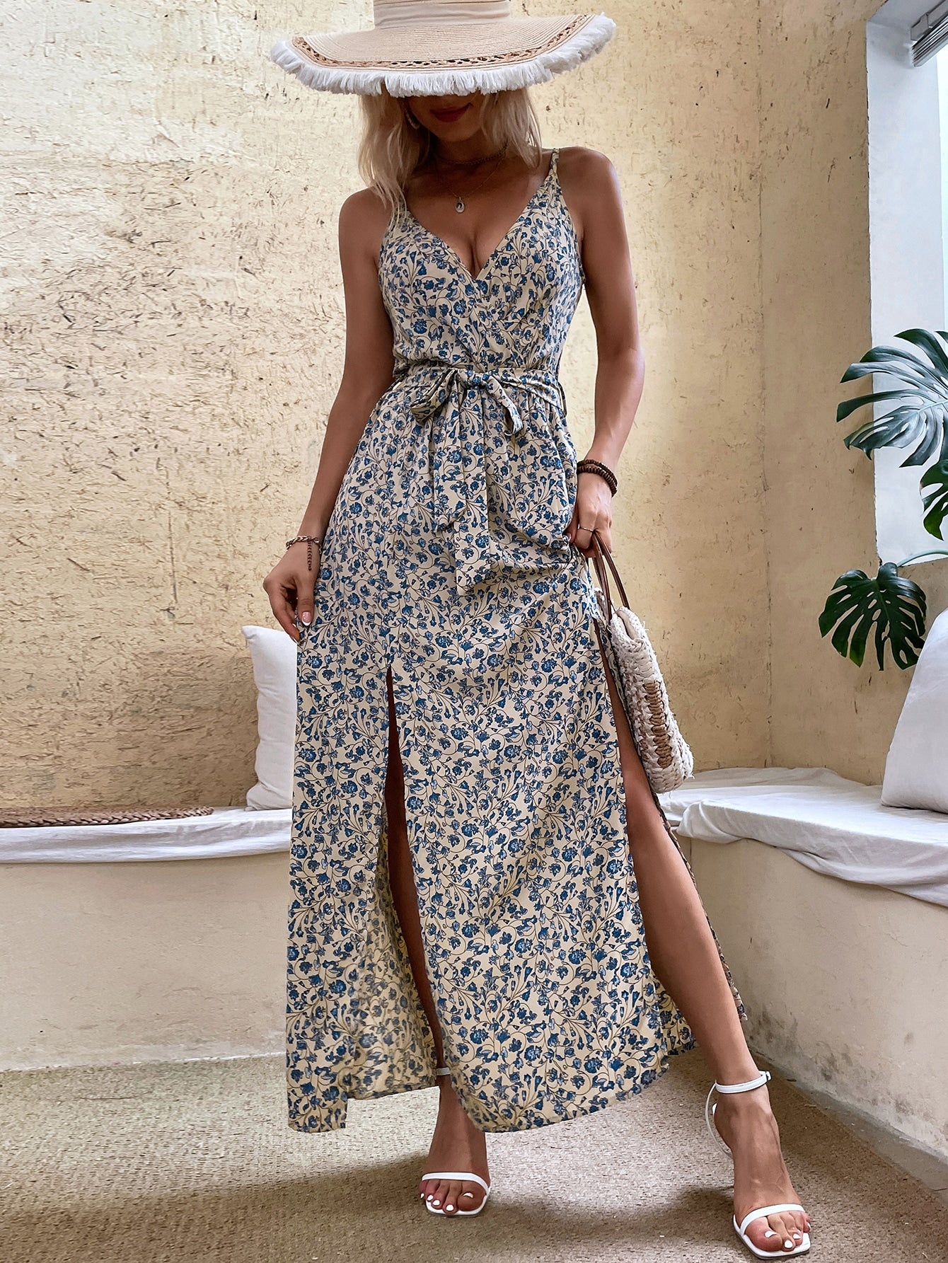 Women Summer V Neck Belt Print Sling Dress Colorain