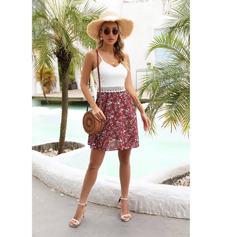 Women Summer V Neck Vacation Lattice Trim Patchwork Backless Cami Dress DODO