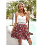 Women Summer V Neck Vacation Lattice Trim Patchwork Backless Cami Dress DODO
