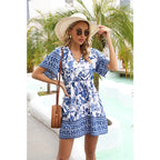 Women Summer V Neck Vacation Short Sleeve Floral A Line Dress DODO