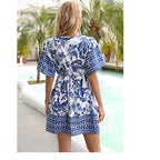 Women Summer V Neck Vacation Short Sleeve Floral A Line Dress DODO