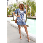 Women Summer V Neck Vacation Short Sleeve Floral A Line Dress DODO