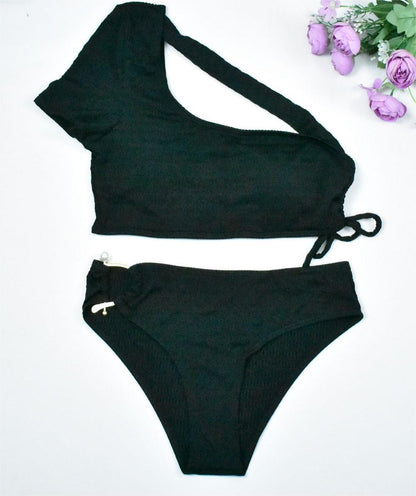 Sexy Metal Buckle Solid Color One Shoulder Bikini Swimsuit Women