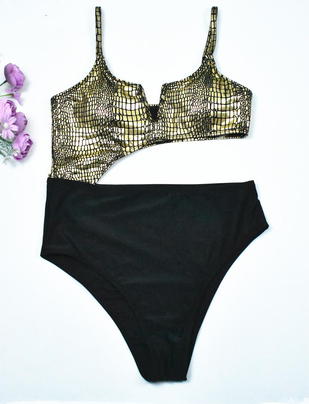 Sexy Special Fabric Black Gold Snakeskin Stitching Women Swimsuit