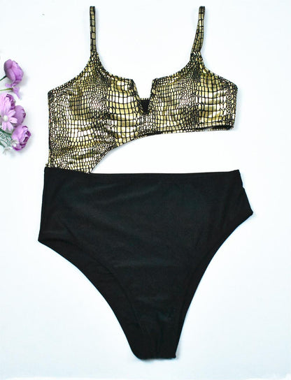 Sexy Special Fabric Black Gold Snakeskin Stitching Women Swimsuit