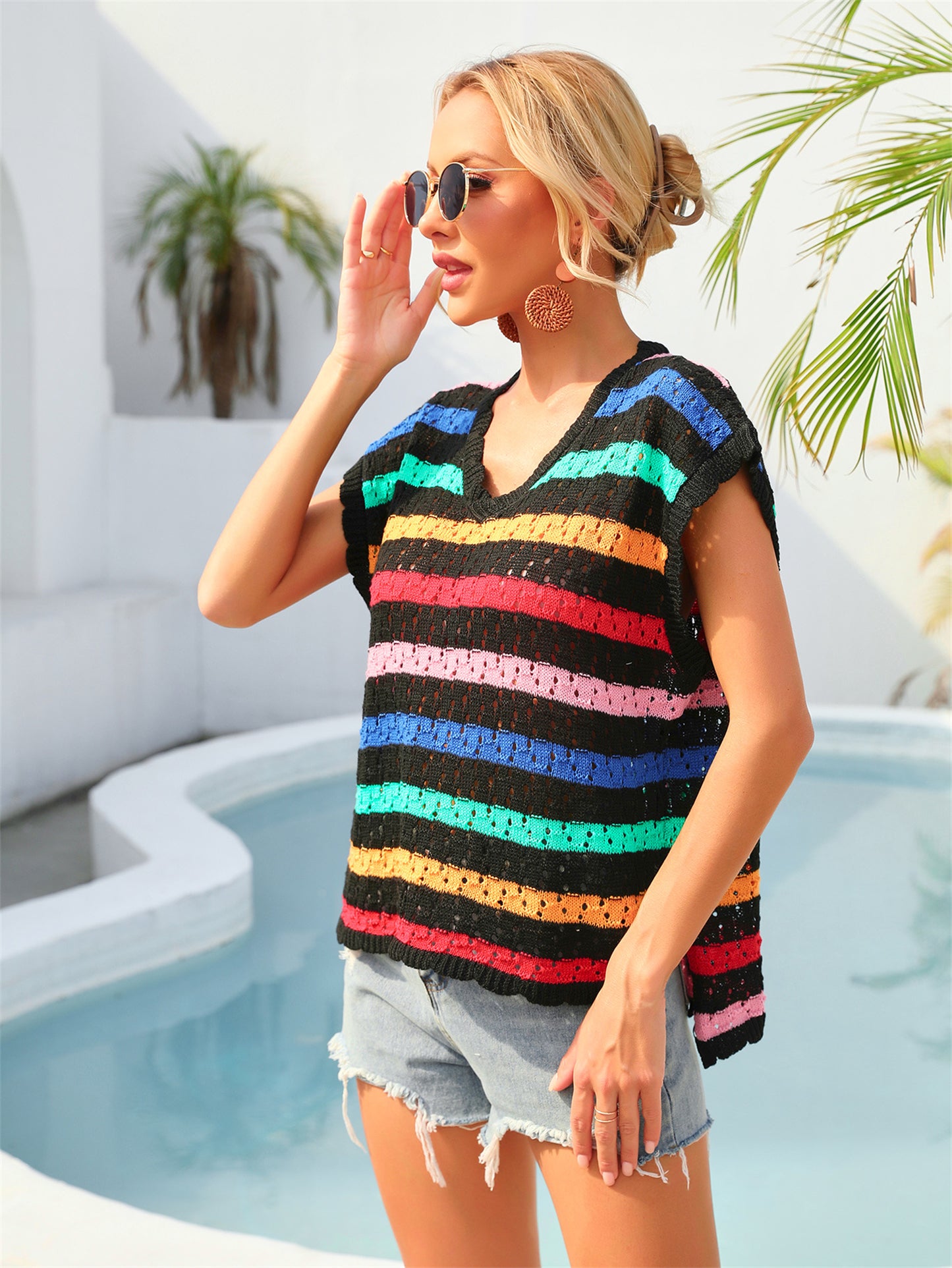 Summer Beach Cover up Vest Knitting Bikini Vacation Blouse Seaside Sun Protection Shirt