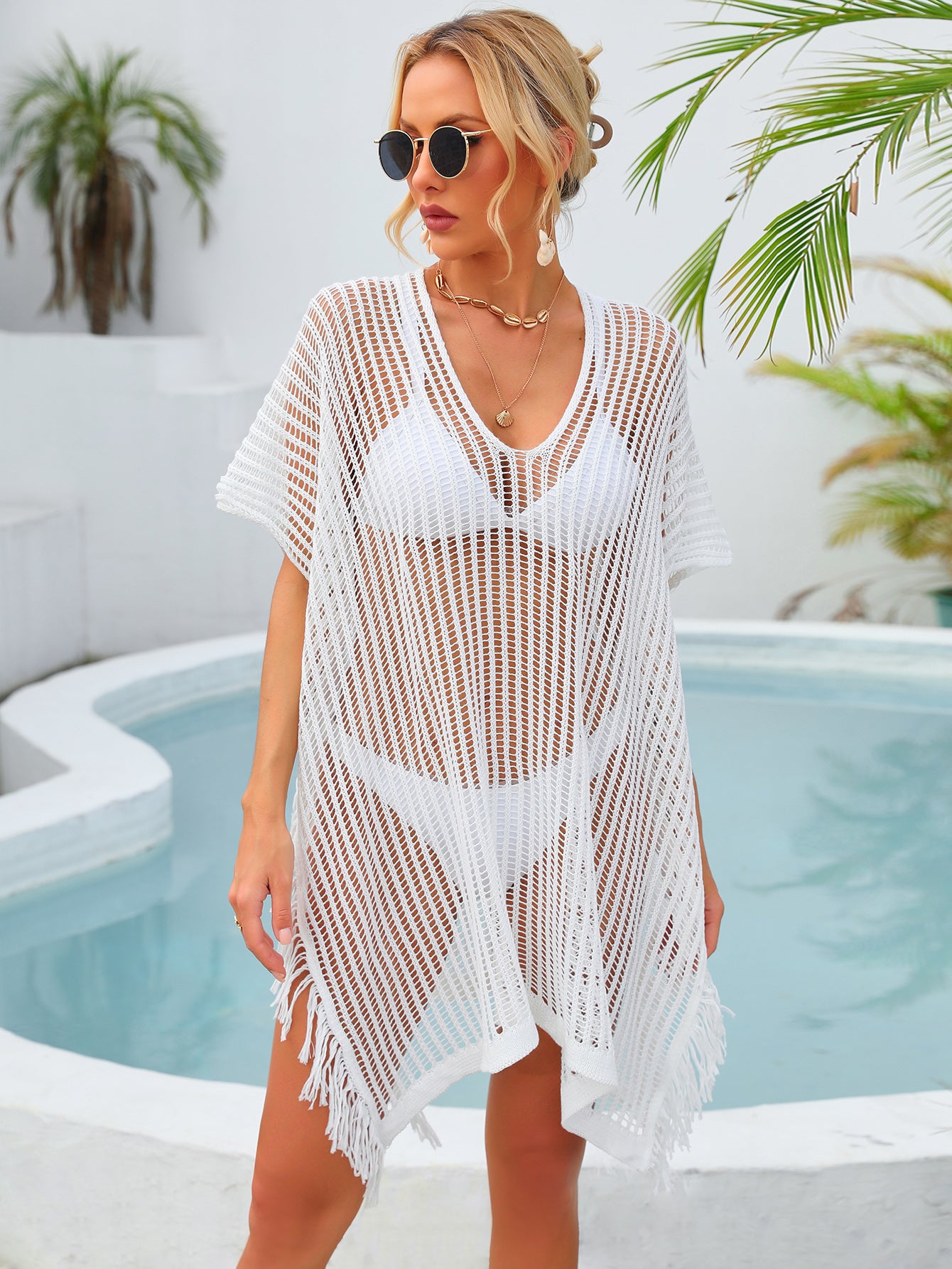 Summer Mid Length V neck Hollow Out Cutout Tassel Beachwear Holiday Shirt Seaside Sun Protection Clothing