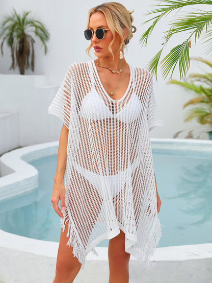 Summer Mid Length V neck Hollow Out Cutout Tassel Beachwear Holiday Shirt Seaside Sun Protection Clothing