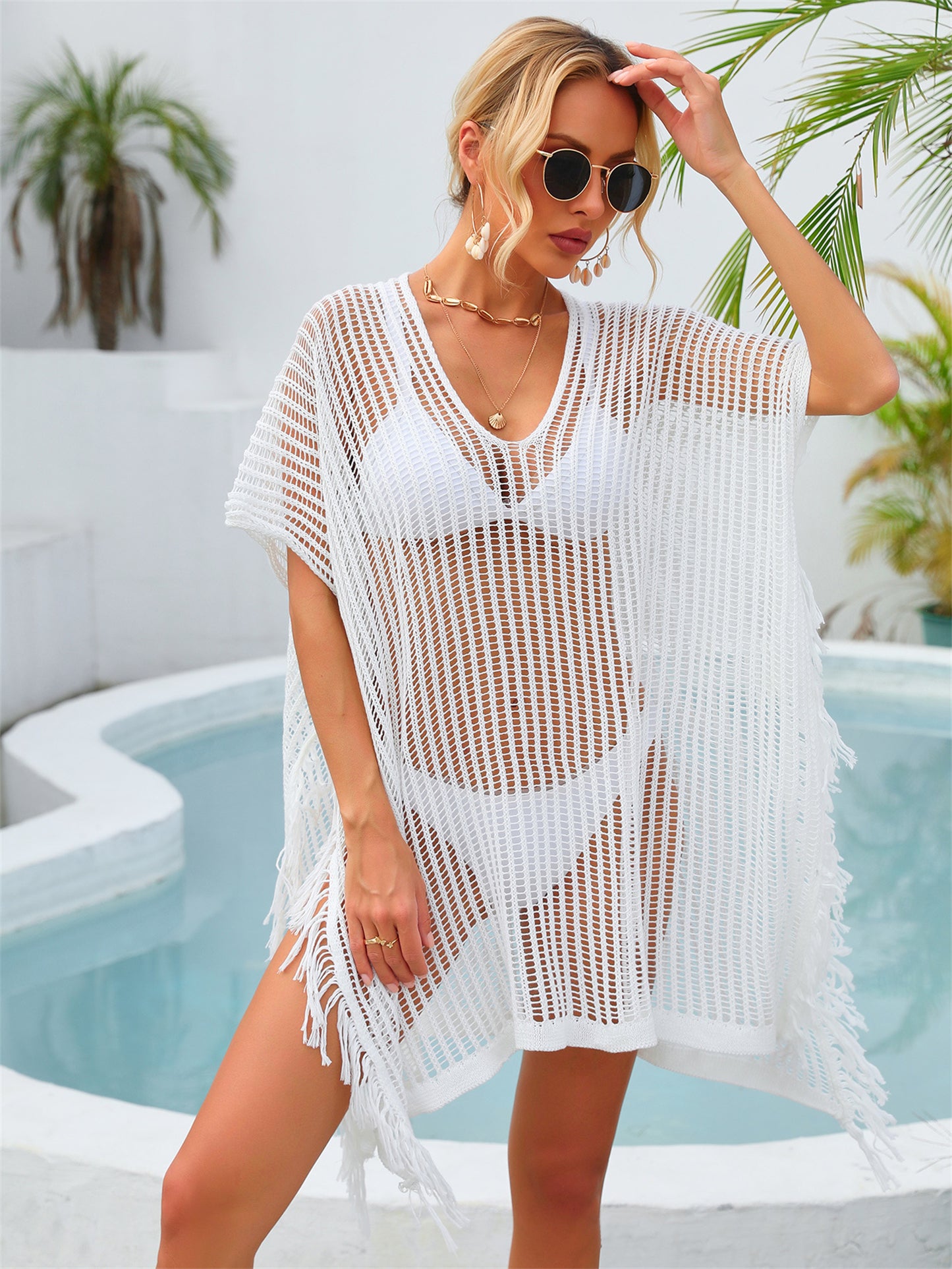 Summer Mid Length V neck Hollow Out Cutout Tassel Beachwear Holiday Shirt Seaside Sun Protection Clothing