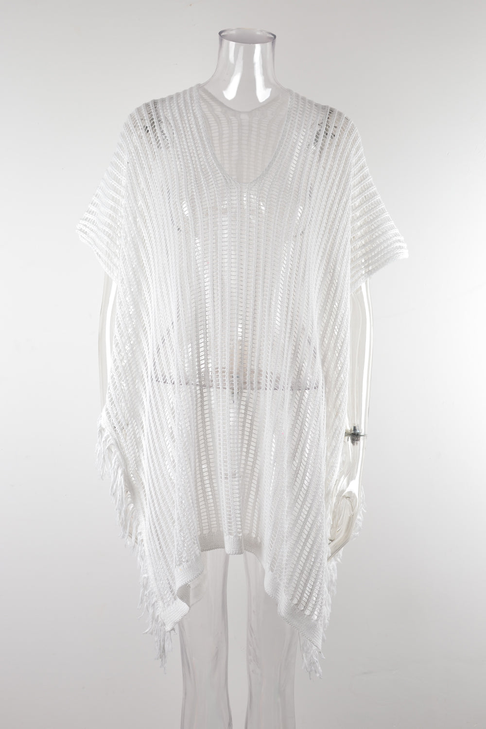 Summer Mid Length V neck Hollow Out Cutout Tassel Beachwear Holiday Shirt Seaside Sun Protection Clothing
