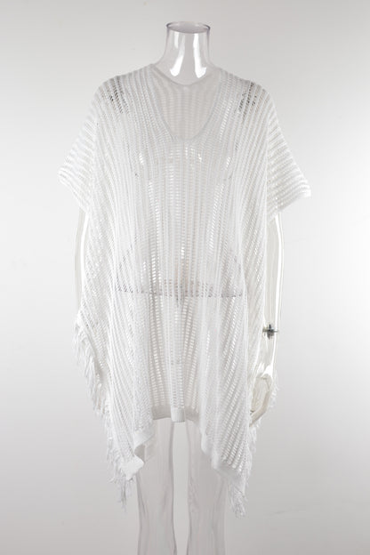 Summer Mid Length V neck Hollow Out Cutout Tassel Beachwear Holiday Shirt Seaside Sun Protection Clothing