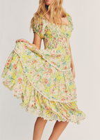 Summer Women Clothing Square Collar Short Sleeve High Waist Tied Stitching Floral Stringy Selvedge Dress Women Yvonne