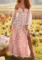 Women off Neck Large Swing Side Split Dress Summer Holiday Embroidery Floral ZDShop
