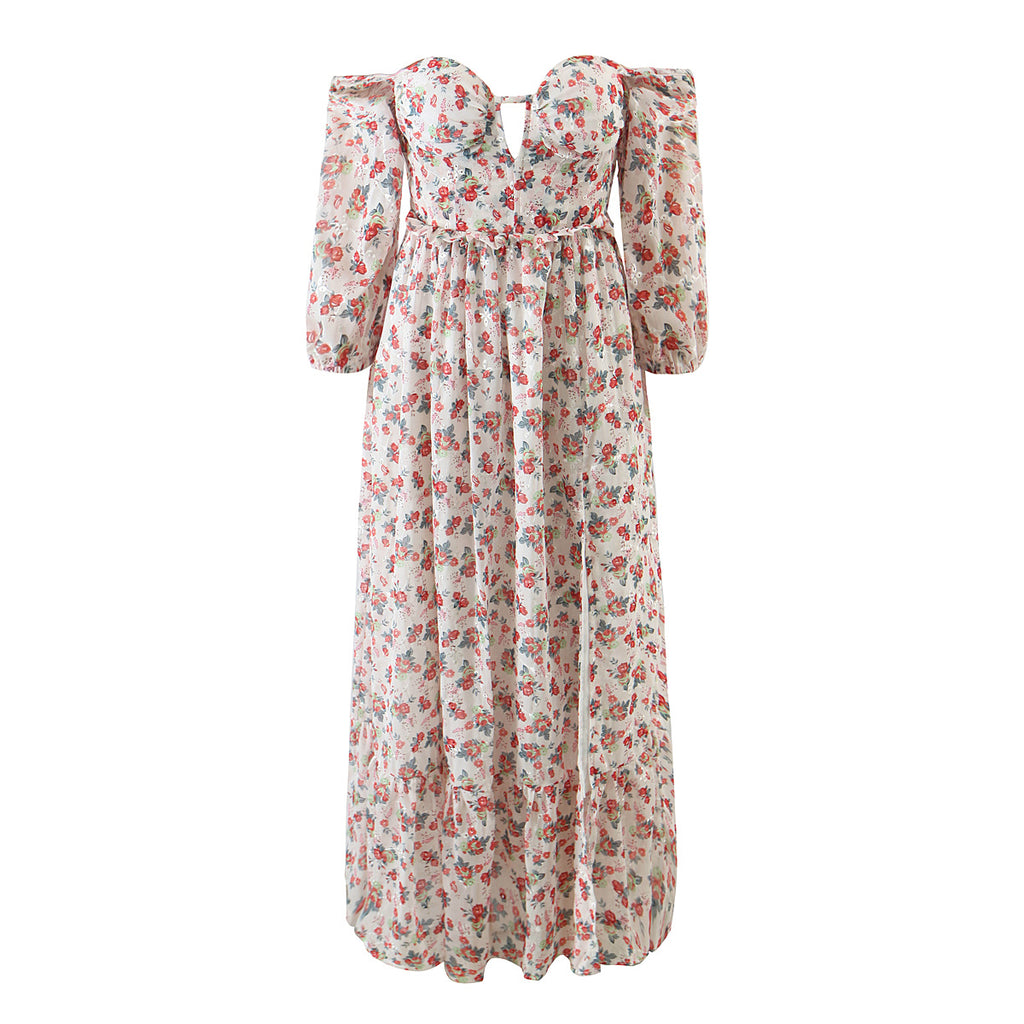 Women off Neck Large Swing Side Split Dress Summer Holiday Embroidery Floral ZDShop