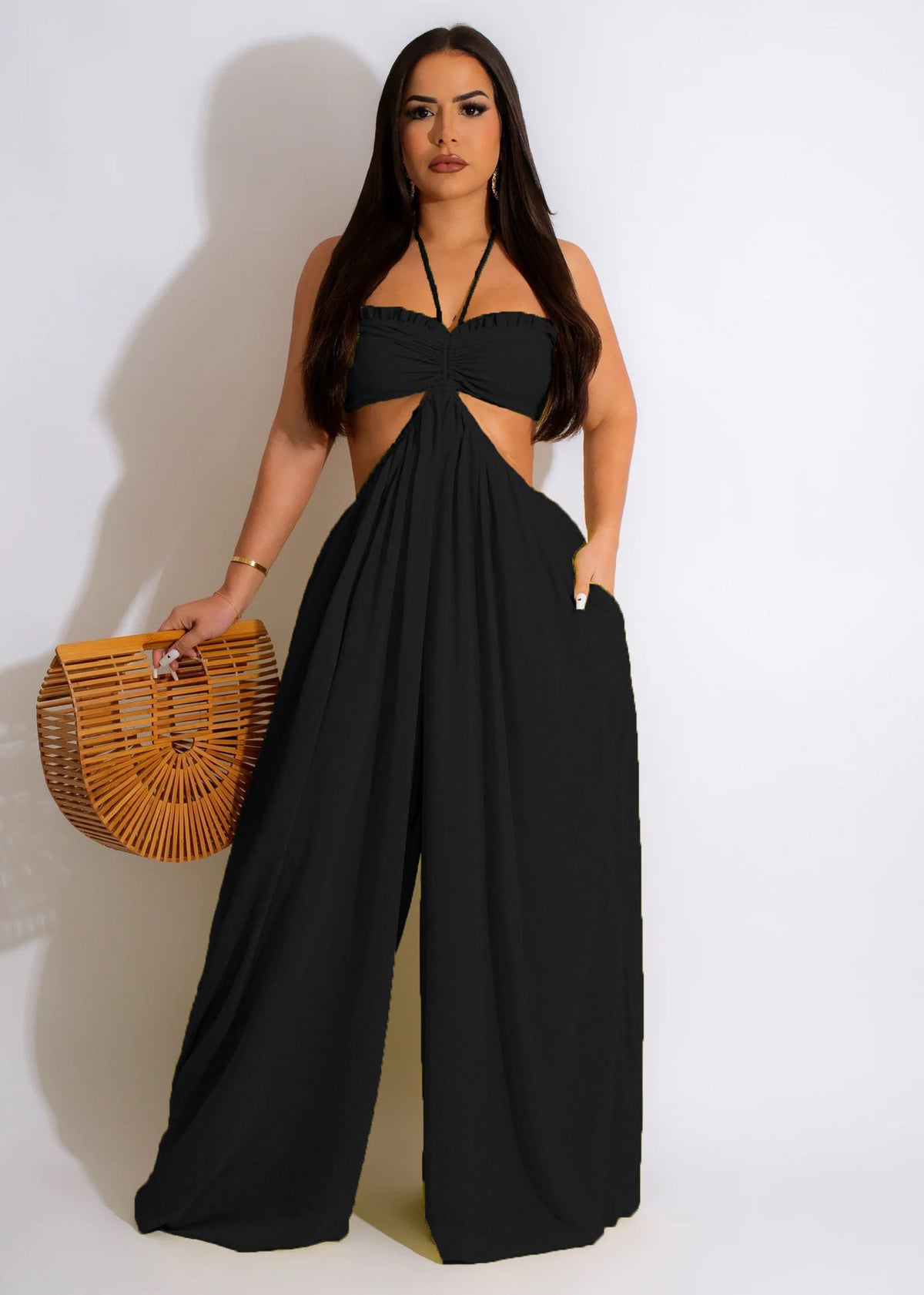 Women Clothing Spring Summer Solid Color Sexy Loose Backless Jumpsuit Fanti