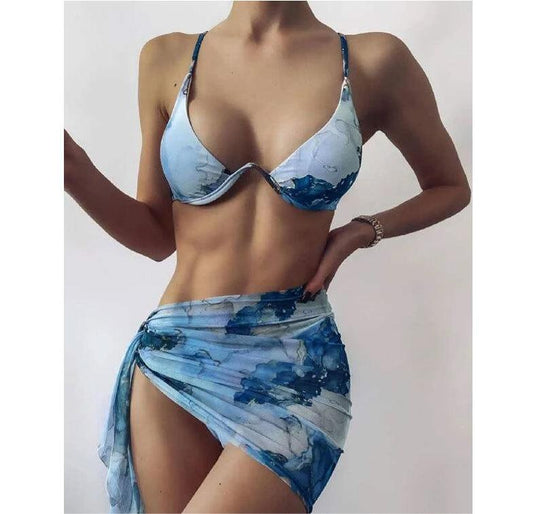 Traje de baño de bikini con estampado jaspeado, bikini sexy para mujer, traje de baño con aros y velos divididos
