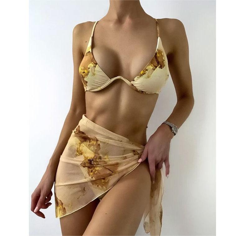 Swimsuit Marbling Printed Bikini Sexy Bikini Women Underwire Split Veils Swimsuit Wing Lok