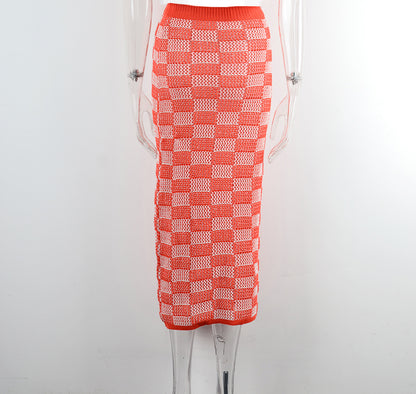 Summer Clothes Beach Skirt Hollow Out Cutout Chessboard Plaid Bikini Seaside Skirt Knitted Dress Women