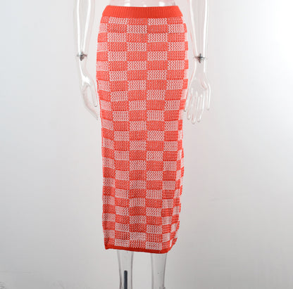 Summer Clothes Beach Skirt Hollow Out Cutout Chessboard Plaid Bikini Seaside Skirt Knitted Dress Women