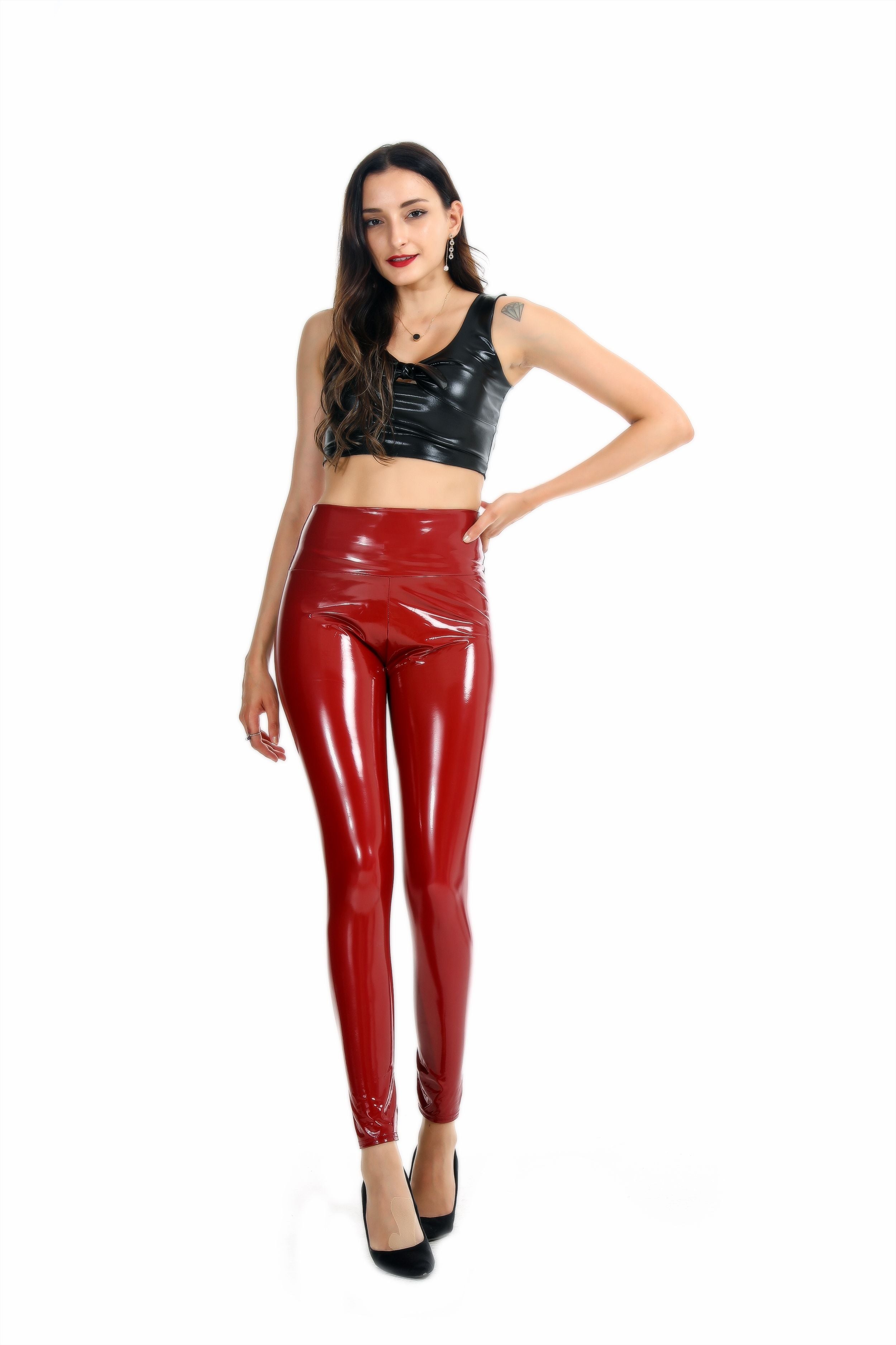 Leggings elásticos de cintura alta con revestimiento de espejo, sexys, de látex y cuero brillante para mujer